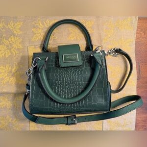 GUESS Forest Green Purse Handbag Faux Leather Top Handle Crossbody Croc